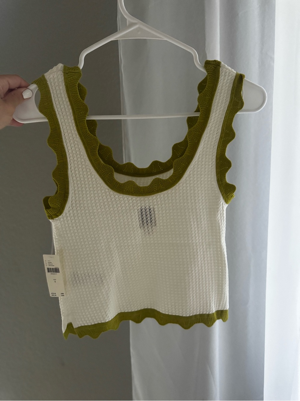NWT Maeve Anthropology White Knit Tank with Lime Green Scalloped Trim - Picture 2 of 6